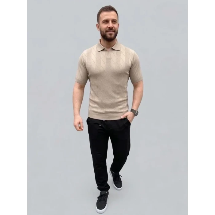 Erkek Yazlık Triko Dokuma Tişört Kısa Kol Polo Yaka T-shirt - Bej