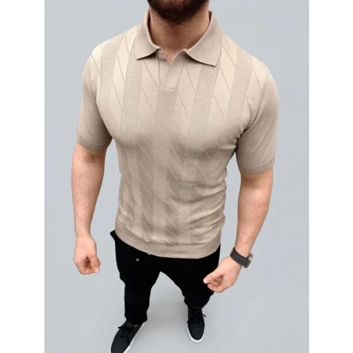 Erkek Yazlık Triko Dokuma Tişört Kısa Kol Polo Yaka T-shirt - Bej