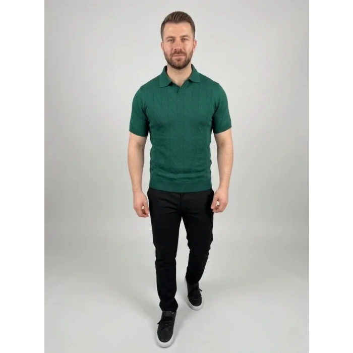 Erkek Yazlık Triko Dokuma Tişört Kısa Kol Polo Yaka T-shirt - Koyu Yeşil