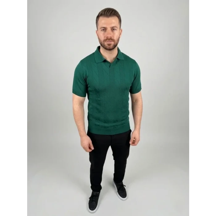 Erkek Yazlık Triko Dokuma Tişört Kısa Kol Polo Yaka T-shirt - Koyu Yeşil