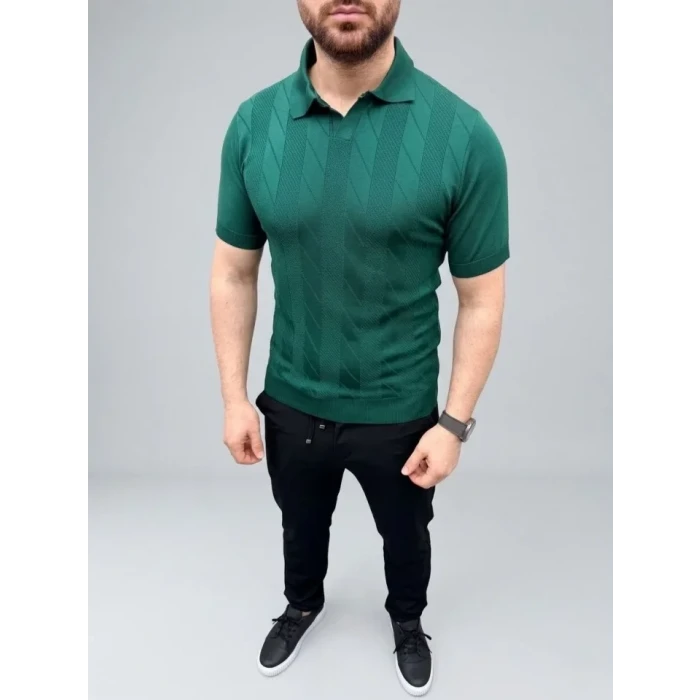 Erkek Yazlık Triko Dokuma Tişört Kısa Kol Polo Yaka T-shirt - Koyu Yeşil
