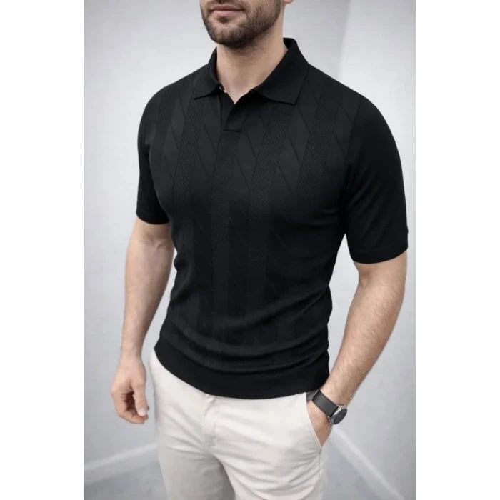 Erkek Yazlık Triko Dokuma Tişört Kısa Kol Polo Yaka T-shirt - Siyah