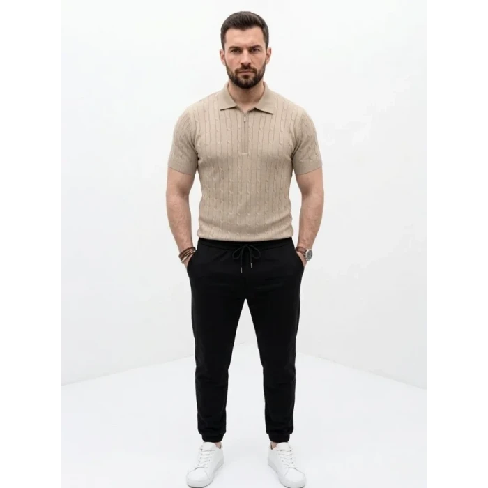 Erkek Yazlık Triko Saç Örgü Tişört Kısa Kol Polo Yaka Fermuarlı T-shirt - Bej