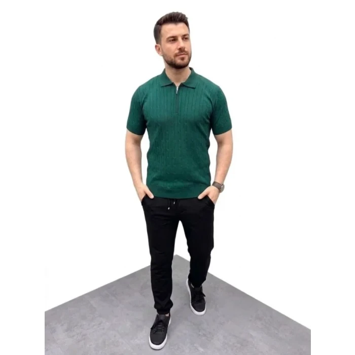 Erkek Yazlık Triko Saç Örgü Tişört Kısa Kol Polo Yaka Fermuarlı T-shirt - Haki