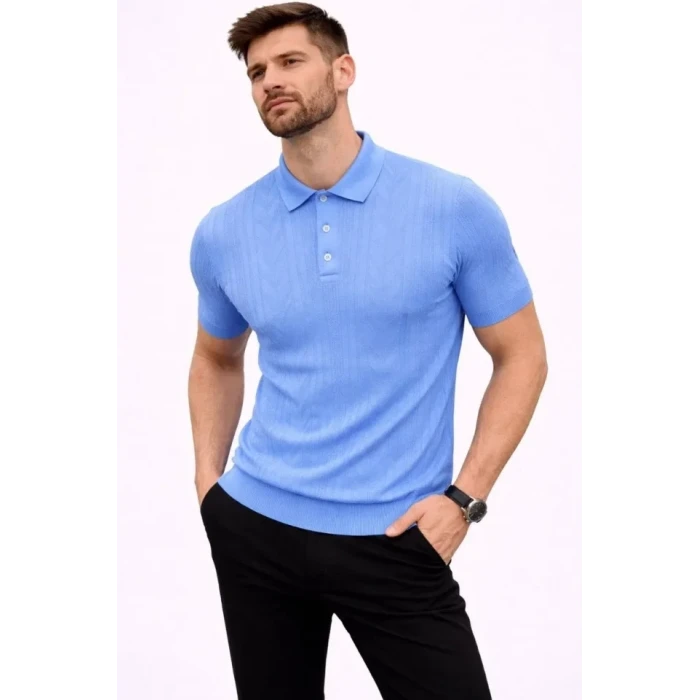 Erkek Yazlık Triko Tişört Kısa Kol Polo Yaka Düğmeli T-shirt - Bebek Mavisi