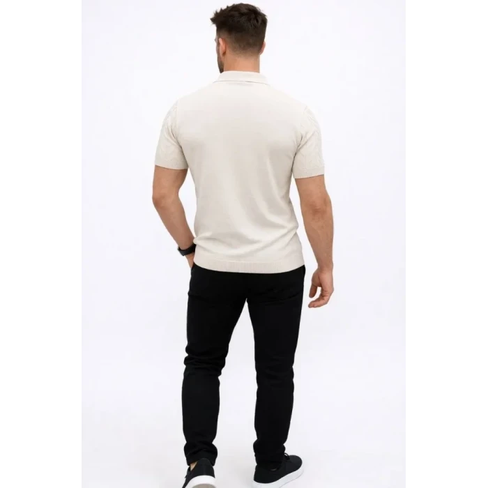 Erkek Yazlık Triko Tişört Kısa Kol Polo Yaka Düğmeli T-shirt - Krem
