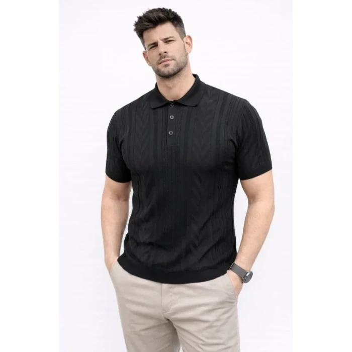 Erkek Yazlık Triko Tişört Kısa Kol Polo Yaka Düğmeli T-shirt - Siyah