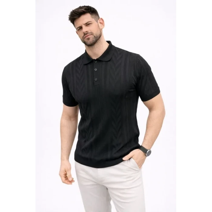 Erkek Yazlık Triko Tişört Kısa Kol Polo Yaka Düğmeli T-shirt - Siyah