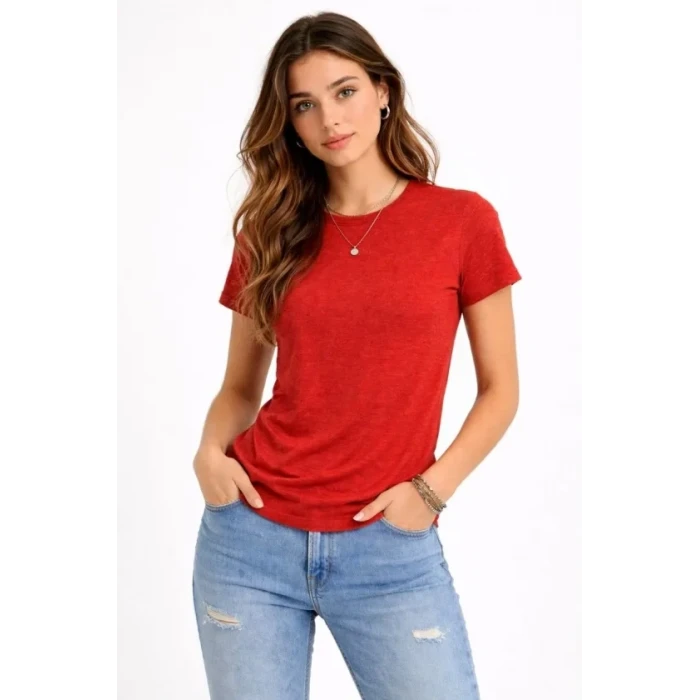 Flam Kumaş Melanj Dokulu Regular Fit Tişört Bisiklet Yaka Yazlık T-shirt - Kiremit