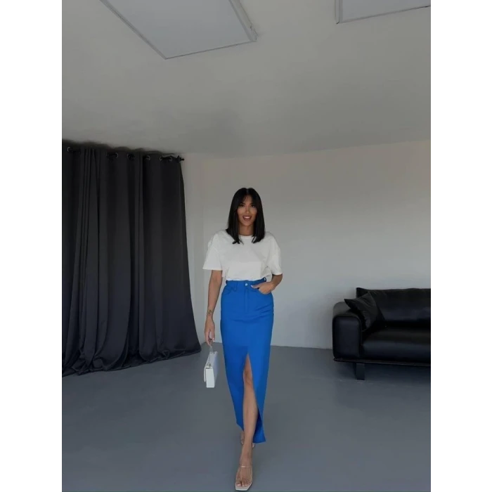 Gabardin Uzun Önden Yırtmaçlı Etek - Saks