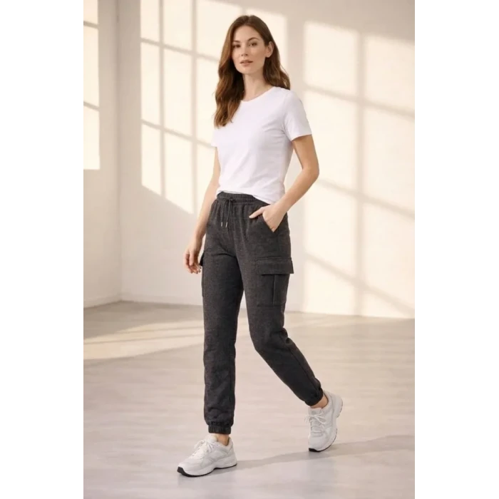 Jogger Eşofman Altı Rahat Kalıp, Kargo Cepli, Lastikli Paça, Günlük Spor Pantolon - Füme