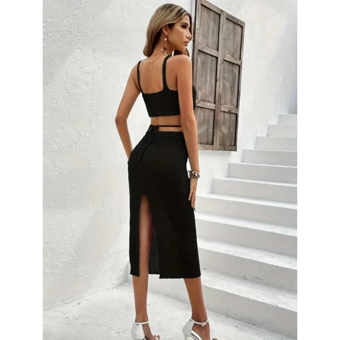 Kadın Askılı Crop Ve Bel Detaylı Derin Yırtmaçlı Etek İkili Takım