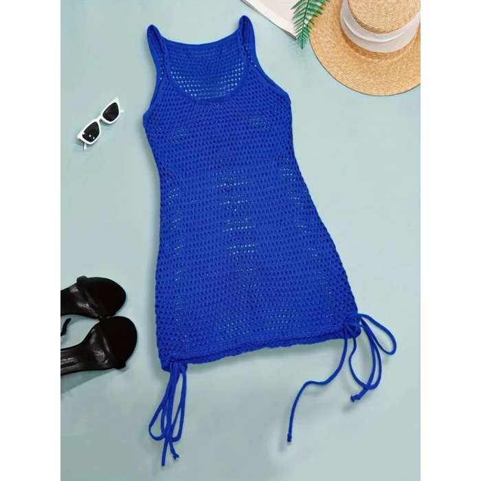 Kadın Askılı Eteği Büzgü Bağlama Detay Delikli Örme Triko Pareo Elbise