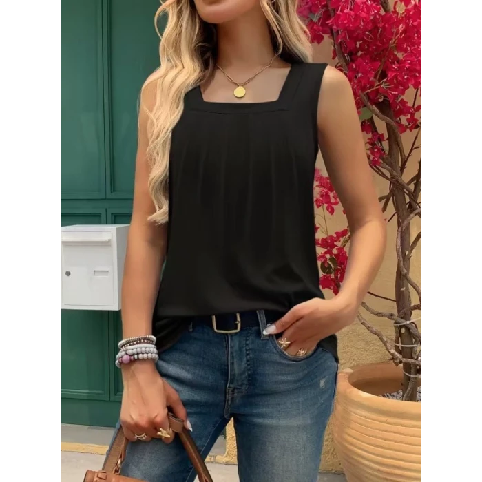 Kadın Askılı Geometrik Yaka Detaylı Pileli Viskon Bluz