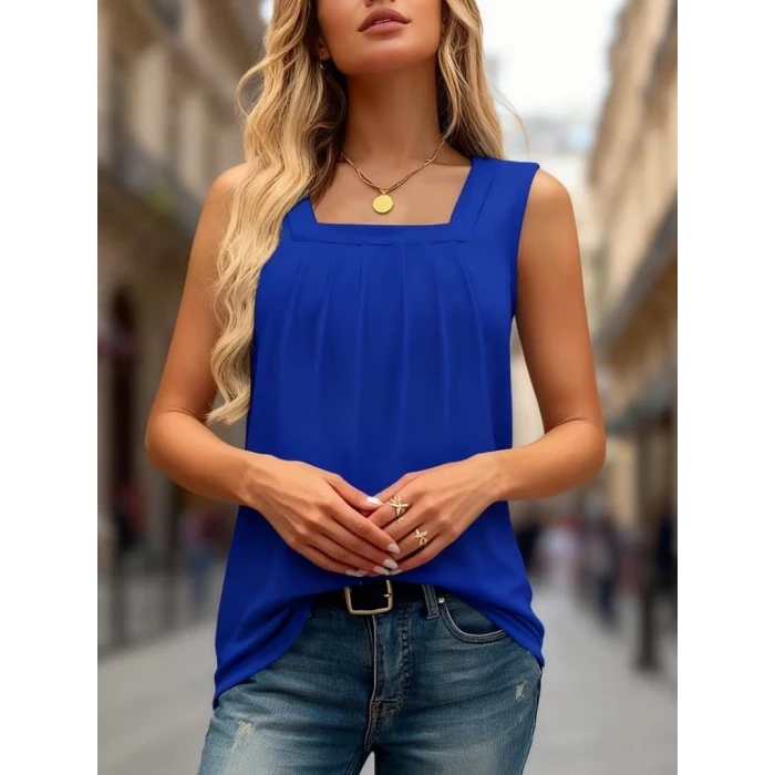 Kadın Askılı Geometrik Yaka Detaylı Pileli Viskon Bluz