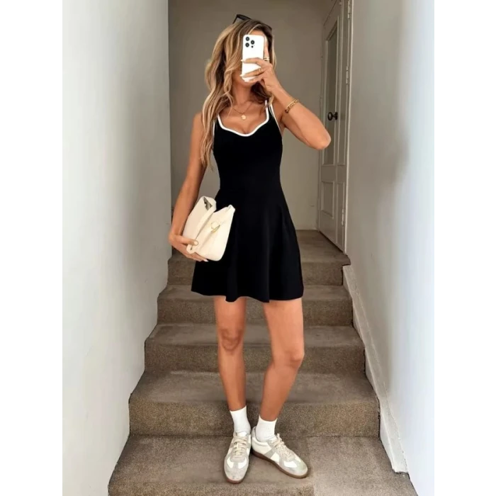 Kadın Askılı Kalp Yakalı Şerit Detaylı Dalgıç Kısa Elbise