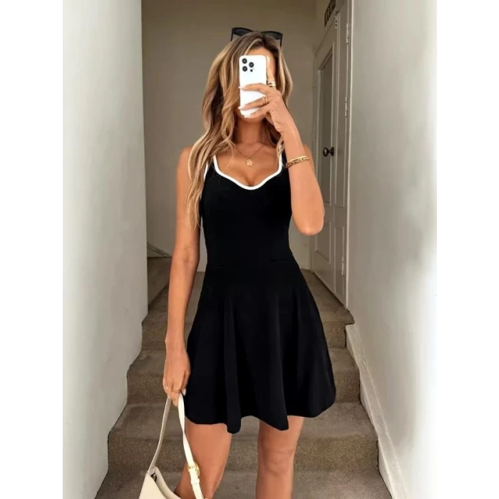 Kadın Askılı Kalp Yakalı Şerit Detaylı Dalgıç Kısa Elbise