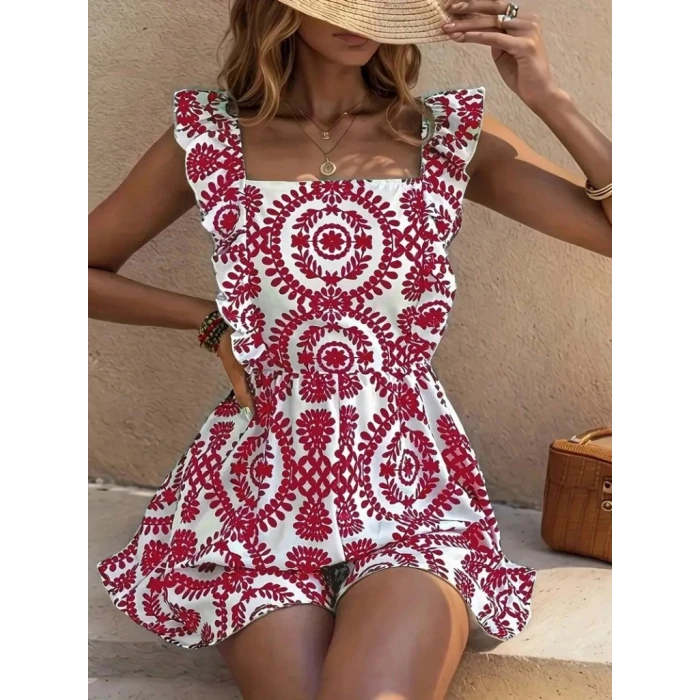 Kadın Askılı Kare Yakalı Arkadan Bağcıklı Desenli Keten Tulum