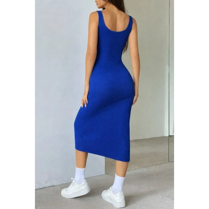Kadın Askılı Kare Yakalı Önden Düğmeli Midi Kaşkorse Elbise