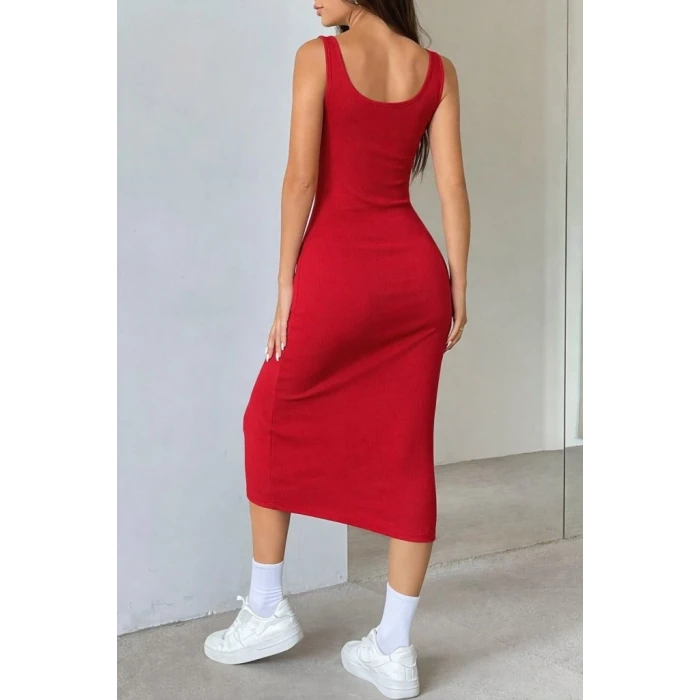 Kadın Askılı Kare Yakalı Önden Düğmeli Midi Kaşkorse Elbise