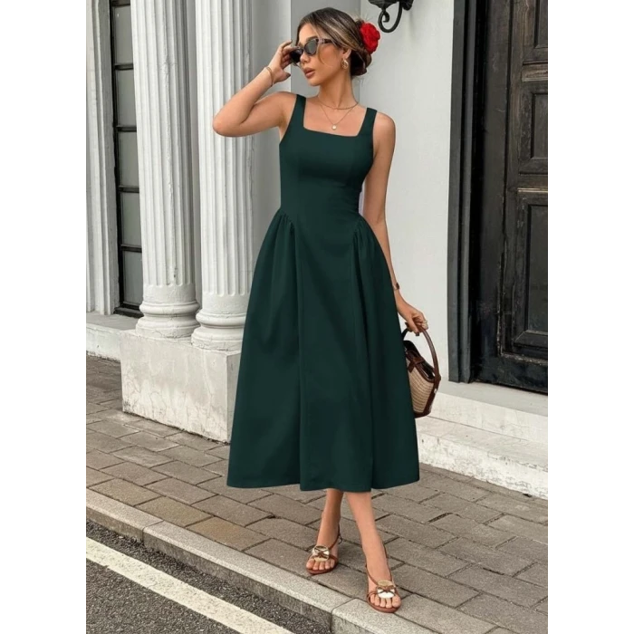 Kadın Askılı Kare Yakalı Uzun İthal Krep Elbise