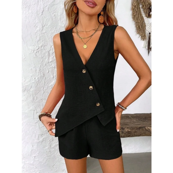 Kadın Askılı önü Düğmeli Asimetrik Detaylı Bluz Ve Astarlı Short Ikili Takım