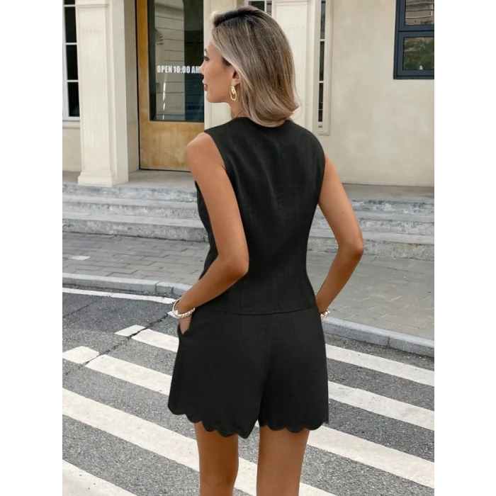 Kadın Askılı V Yakalı Önden Düğmelı Bluz Ve Short Ikli Takım