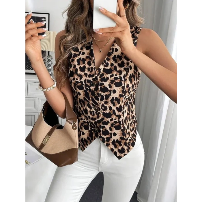 Kadın Askılı V Yakalı Önden Düğmeli Leopar Desenli Atlas Ceket