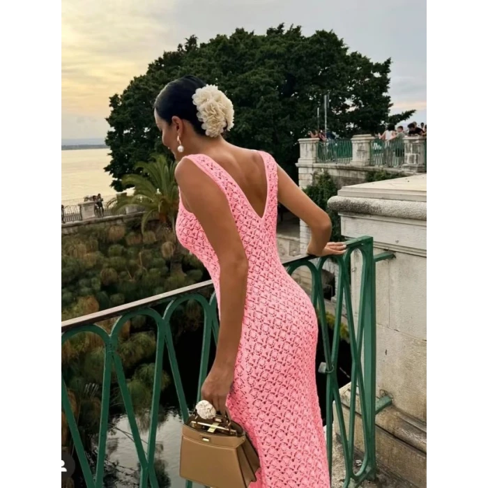 Kadın Askılı V Yakalı Uzun Triko Elbise