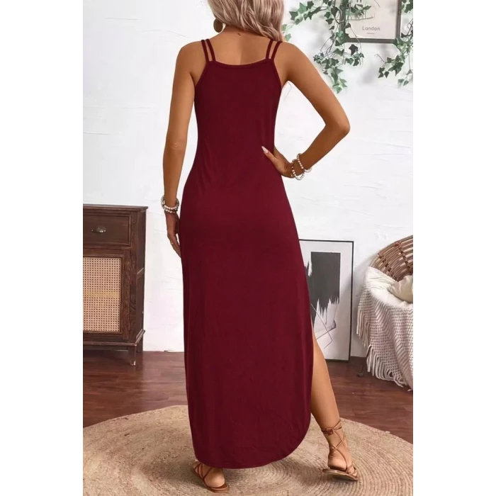 Kadın Askılı V Yakalı Yandan Yırtmaçlı Uzun Viskon Elbise