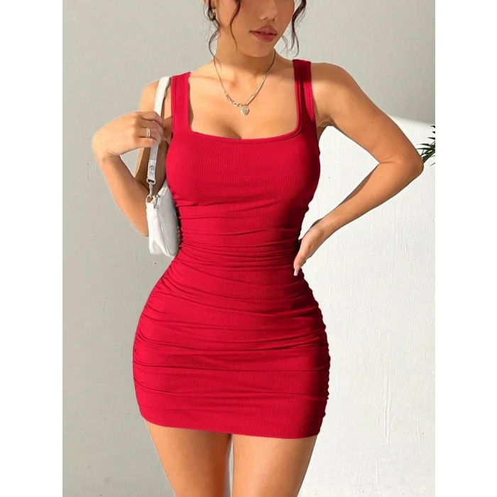 Kadın Askılı Yuvarlak Yaka Mini Kaşkorse Elbise