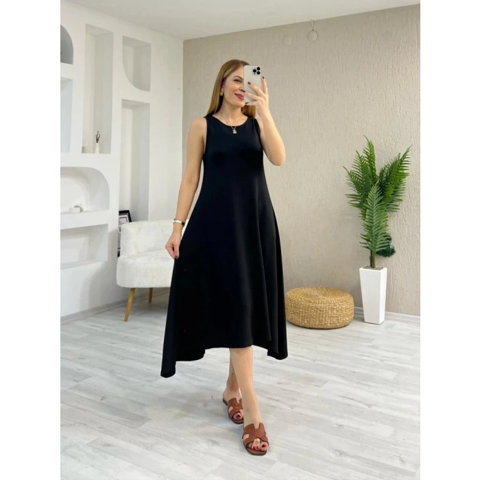 Kadın Askılı Yuvarlak Yakalı Asimetrik Kesim Detaylı Viskon