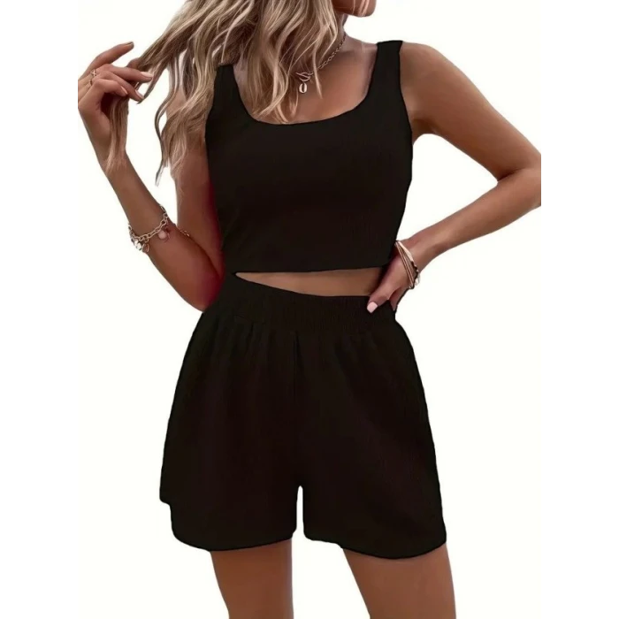 Kadın Askılı Yuvarlak Yakalı Burgu Krop Ve Bluz Short İkili Takım