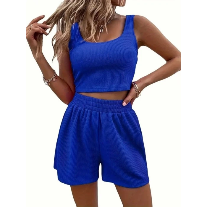 Kadın Askılı Yuvarlak Yakalı Burgu Krop Ve Bluz Short İkili Takım