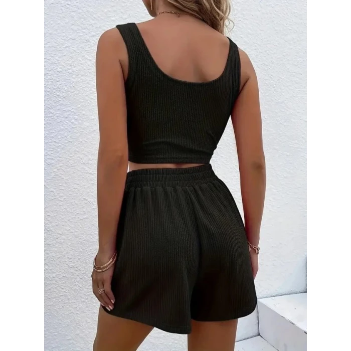 Kadın Askılı Yuvarlak Yakalı Burgu Krop Ve Bluz Short İkili Takım