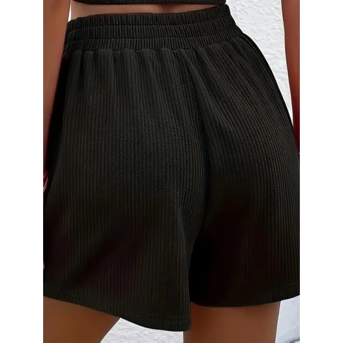 Kadın Askılı Yuvarlak Yakalı Burgu Krop Ve Bluz Short İkili Takım