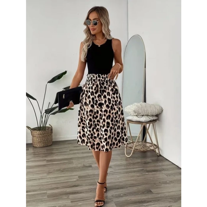 Kadın Askılı Yuvarlak Yakalı Viskon Bluz Ve Leopar Desenli Önü Düğmeli Midi Etek İkili Takım