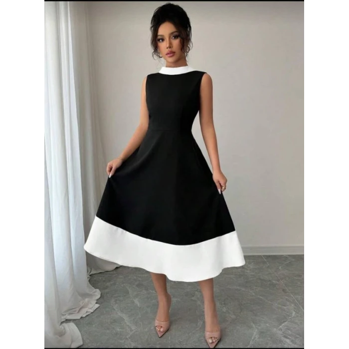 Kadın Bisiklet Yaka Çift Renk Çan Etek Detay Krep Kumaş Maxi Boy Elbise