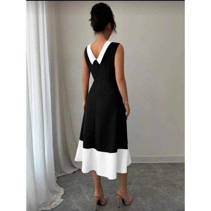 Kadın Bisiklet Yaka Çift Renk Çan Etek Detay Krep Kumaş Maxi Boy Elbise