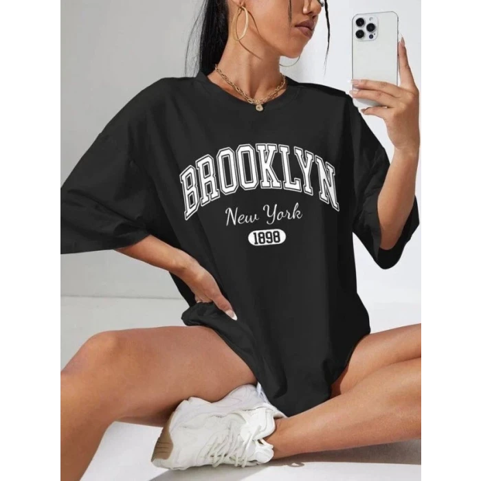 Kadın Brooklyn New York Baskılı Oversize Tshirt