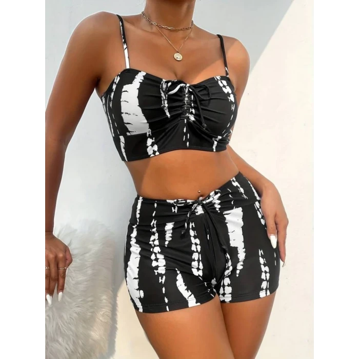 Kadın Büzgü Detay Askılı Cupsuz Crop Mini Tayt İkili Takım