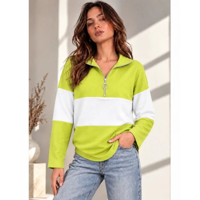 Kadın Fermuarlı Yaka Renk Bloklu Sweatshirt / Üst