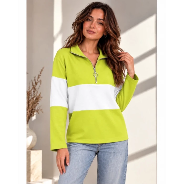 Kadın Fermuarlı Yaka Renk Bloklu Sweatshirt / Üst