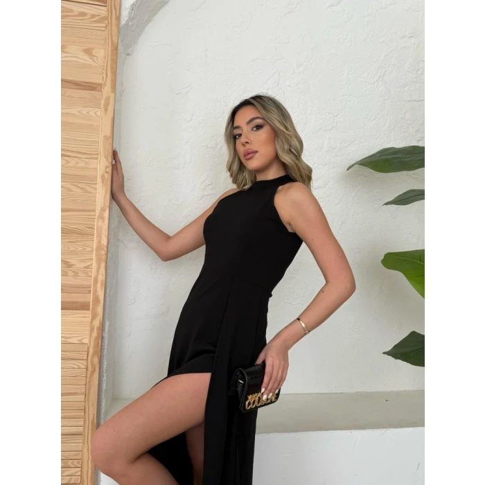 Kadın Halter Yaka Derin Yırtmaç Detaylı Tam Boy İthal Krep Abiye Elbise