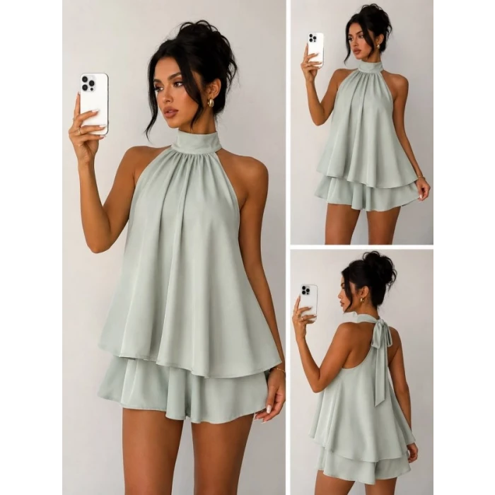 Kadın Halter Yaka Volan Detaylı Mini Elbise
