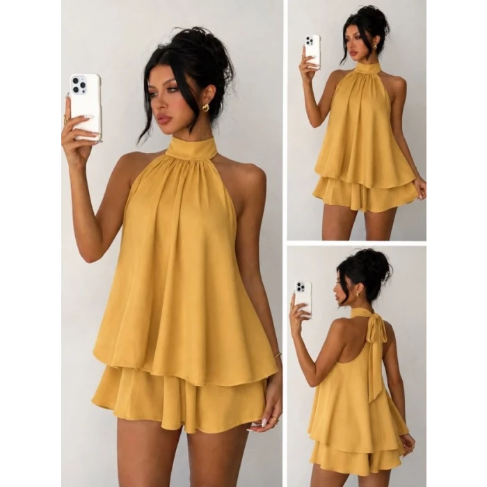 Kadın Halter Yaka Volan Detaylı Mini Elbise