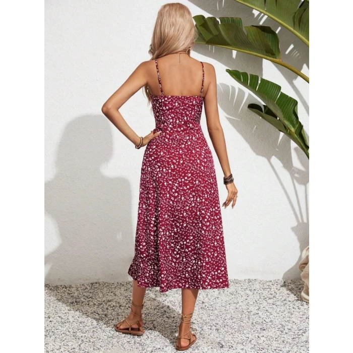 Kadın Ip Askılı Geniş V Yaka Bağcıklı Yandan Yırtmaçlı Çiçek Desenli Midi Süprem Elbise