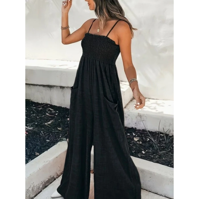 Kadın Ip Askılı Göğsü Lastik Detaylı Cepli Uzun Sofya Tulum