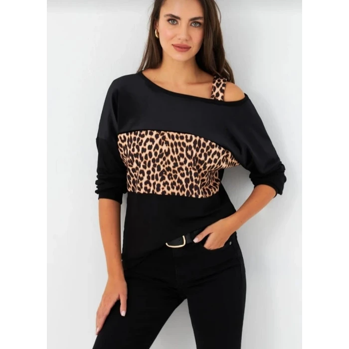 Kadın Kadife Kumaş Leopar Desenli Omuz Detay Uzun Kollu Bluz
