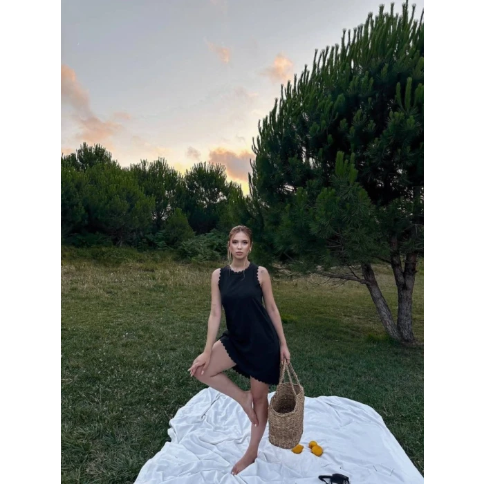 Kadın Keten Kumaş Kolsuz Mini Boy Elbise